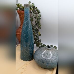West Elm Blue Reactive Glaze Ceramic Vase Set Tall Bottle & Round Bud Vase
